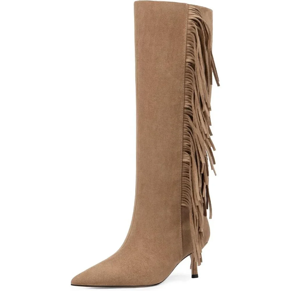 Women Suede Camel Knee High Boots Kitten Heels Tall Pointed Toe Long Boots